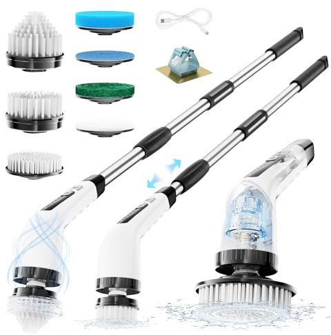 SAKAKI Electric Spin Scrubber, 7 in 1 Cordless Electric Cleaning Brush, Adjustable Long Handle Electric Scrubber, 300/400RPM Dual Speed Power Scrubber for Bathroom Tub Floor Wall Kitchen Tile Car