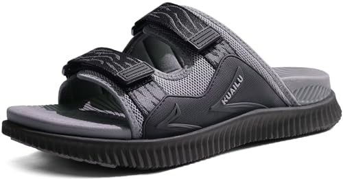 KuaiLu Sandales Hommes Confortable Sport et d'extérieur Orthopedique Plantaire Confort Claquettes Marche Réglables Cuir été Randonnée Trekking Plage Piscine Sandalette Ouverte Antidérapante Gris 43