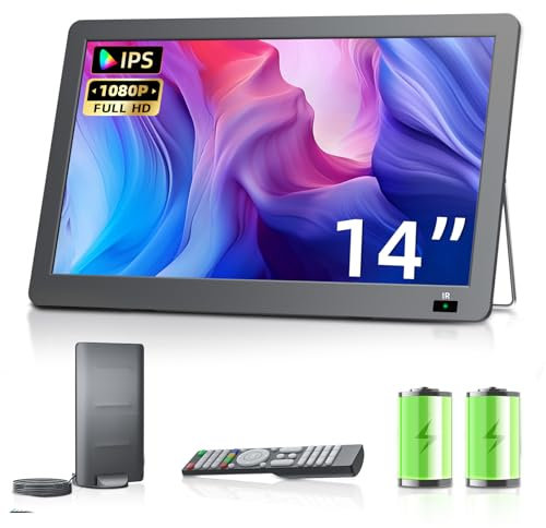 DESOBRY (New Upgrades Portable TV 14.2 Inch Small TV 1080P, Mobile TV with Battery and DVB-T2 Tuner, USB HDMI AV Input, Portable Car TV for Camping, Motorhome, Kitchen