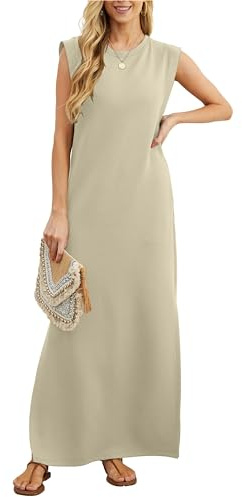 GRECERELLE Summer Maxi Dress Wedding Guest Maternity Party Casual Shirt Elegant Sleeveless Dresses for Ladies with Split and Pockets (Khaki,L)