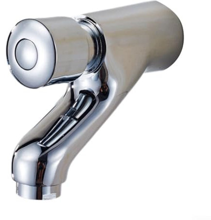 Jonikuper Wall Mounted Self Closing Bathroom Tap, Chrome Plated Brass Basin Faucet with Push Button Control, Automatic Shut Off Single Cold Water Valve, Time Delay Function