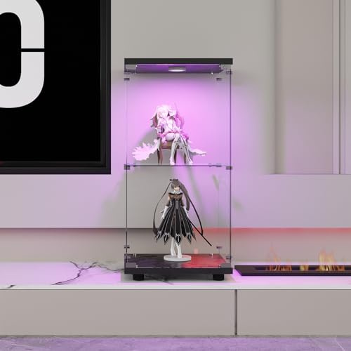 LLODERY Vitrine Verticale en Verre, 86 x 43 x 37 cm, Double Niveau, Meuble d'angle avec éclairage LED et Serrure, pour Collections, vin, Salon, Bureau (Noir)