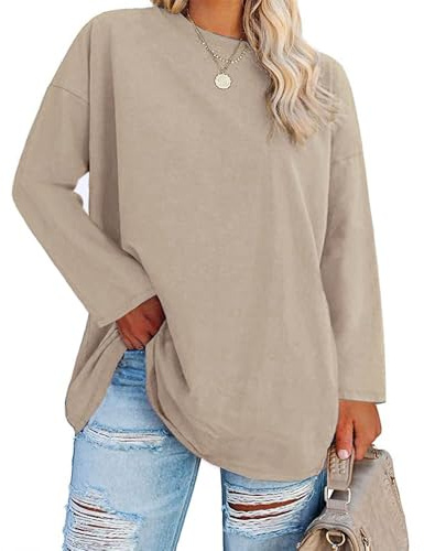 Fisoew Grandi Taglie a Maniche Lunghe da Donna, Oversize, Taglie Forti, Scollo Rotondo, Maglione Basic a Tunica., Cachi, 3XL Plus