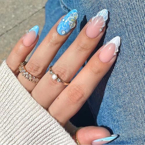 Auiremrti 24 pièces Ongles d'été amande, taille moyenne, à presser avec motifs de fleurs en 3D, brillante, à coller, ongles nus en bleu clair en acrylique