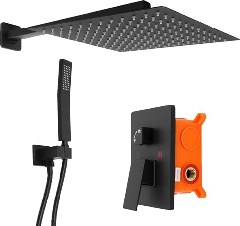 Juego de grifo de ducha empotrado, 30 x 30 cm, cabezal de ducha de lluvia rectangular, 0 – 90 ℃, color negro, sistema de ducha, con ducha de mano de 20,5 x 3,5 cm y tablero de control de temperatura