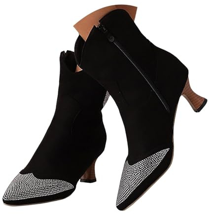 Stivaletti da donna con strass glitterati, stivali da cowboy da donna, stivali da cowboy occidentali glitterati a punta con strass alla caviglia retrò in pelle scamosciata con cerniera laterale tacco