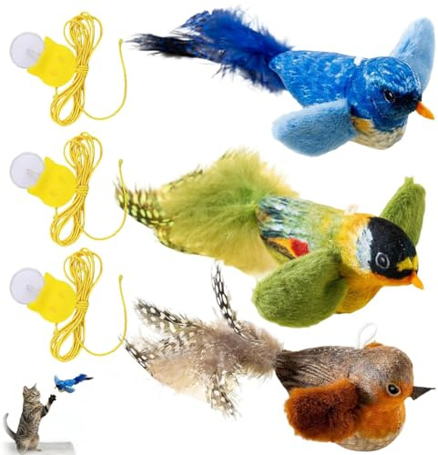 Novastream 3 Pack Flying Bird Cat Toy, Simulated Chirping Bird Cat Toy for Indoor Cats, Flappy Bird Cat Toys with Hanging Ropes, Blue Gray Green