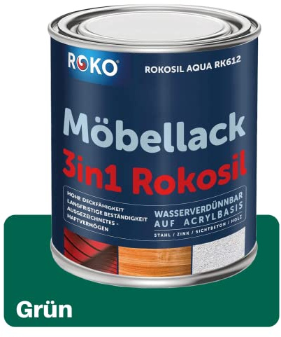 ROKO Möbellack - 0,7 Kg - Grün - 3in1 Möbelfarbe auf Wasserbasis - Seidenmatt - Für Holz, Metall & Kunststoff