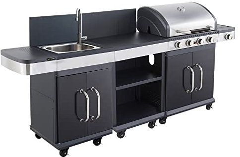 Happy Garden Cook'in Garden Cuisine extérieure modulable FIDGI 4 - Barbecue au gaz 4 brûleurs avec thermomètre, Meuble d'appoint desserte et évier Noir