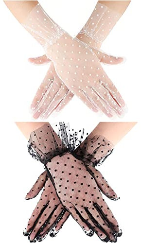 QH-Shop Damen Handschuhe Spitze Brauthandschuhe Tupfen Elegante Kurze Handschuhe für Hochzeit Party 2 Paar Schwarz Weiß