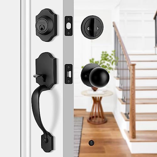 LOQRON Strapazierfähiges Haustürgriff-Set, mattschwarz, Eingangsgriff-Set, klassisches Vordertür-Set, Einzylinder-Riegel und Knauf, halber Griff, runder Knauf, wendbar für Rechts- und Linkshänder