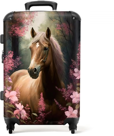 NoBoringSuitcases.com® Kinderkoffer Mädchen Hartschalenkoffer Groß Trolley Gepäck Koffer Pferd - Rosa Blumen - Natur - Wald - 67x43x25cm
