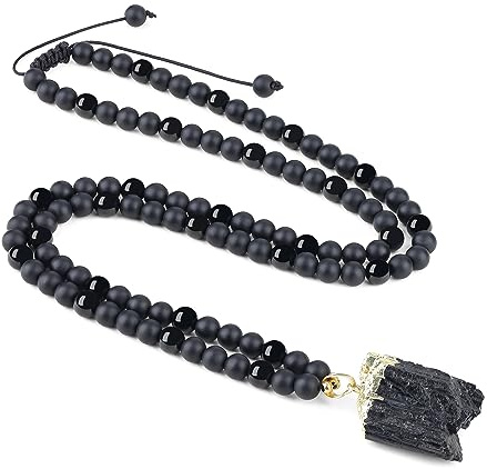 COAI rå turmalin hänge 108 mala-pärlor sten pärlhalsband, Sten, svart-turmalin & matt-onyx