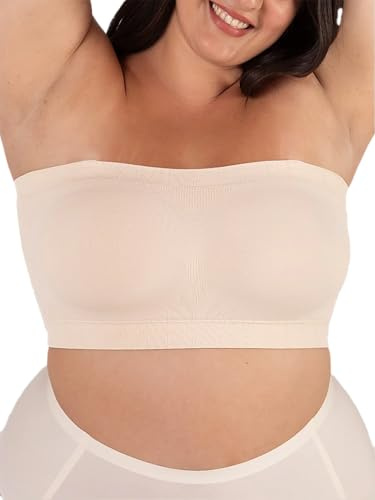 SHAPERMINT Strapless Bra, Wireless Non-Slip Bandeau, Convertible Straps, Molded Strapless Bras for Women S to Large Breasts Beige