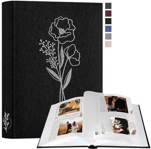 Lanpn Fotoalbum zum Selbstgestalten und Einkleben, Kleines Leinen Fotobuch 60 weißen Seiten mit Pergamin Trennblätter Fasst 9x13cm 10x15cm 13x18cm Fotos (Schwarz, 19x27 cm)