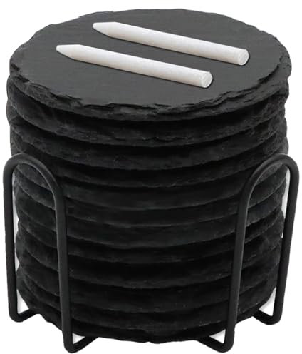 AYSUM 12 Pieces 4Inch Slate Coasters Stone Coasters Bulk Black Slate Drink Coasters with Metal Holder for Bar, DIY, Kitchen, Home Decor, Round