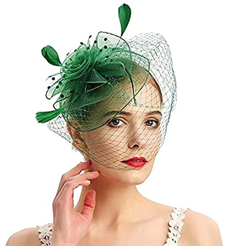 Damen Fascinator Hut, Fascinator Hut Damen Feder Mesh Kopfbedeckungs Hut Schwarze Vintage Teeparty Haarschmuck für Damen Mädchen Abend Partys, Ladies Hut Kopfbedeckung Eleganter Kopfschmuck (Grün)
