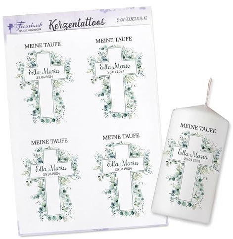 FEENSTAUB Personalisierte Kerzen Aufkleber für Taufe - Tischkerze mit Kreuzsymbol, Eukalyptus Deko