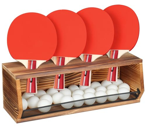 Ping Pong Storage Rack, Wall-Mount Table Tennis Paddle Display Holder with Ball Shelf, Racket Organizer Accessories Set for Game Room, Bar, Garage, Office, Home