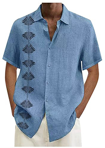 Chemise Manches Courtes Homme Chemises Homme T-Shirts À Manches Courtes Homme Chemise Homme Chemise Col Mao Homme Chemise Tropicale Homme Chemisette Homme Manche Courte Lin Bleu 3XL