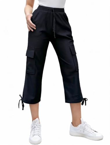 Nuofengkudu Cargo Corsaire Femme Été Pantalon 3/4 Jogging Multi Poches Cordon Elastique Taille Haute Trois Quart Pantalons Léger Respirant Sport Ado Fille Pantacourt de Sudation Randonnée Noir M