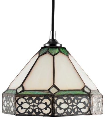 Classic 1920s Shabby Chic Pendant Light Shade with Metal Scrollwork Decoration | 20cm x 14cm | Amber and Green Stained Glass Panels by Happy Homewares