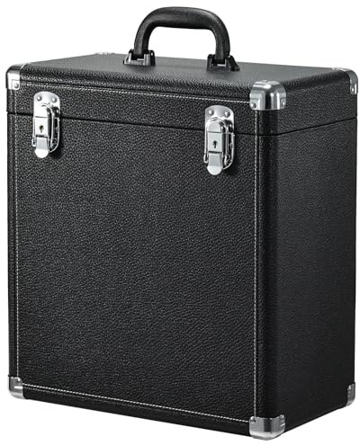 Vinyl Record Storage Case LP Storage Box Record Box Portable Album Collection Display Box Water Resistant Organizer Storage Holds 45 Valuable Records 7/10/12 Inch with Mesh Bag, Black