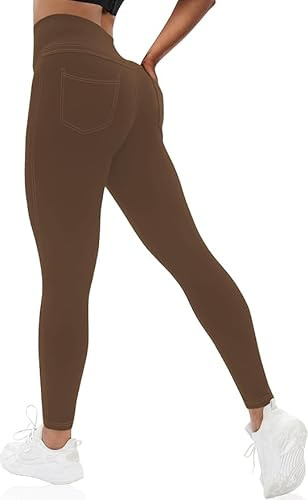 JUFO Jegging pour femme, legging taille haute contrôle du ventre, jean extensible grande taille avec poches 7/8 vêtements de sport, marron, 32-34