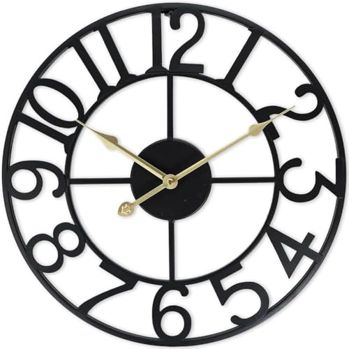 Large Wall Clock Silent Non-Ticking, Battery Powered Metal Large Kitchen Clock with Roman Numerals, Skeleton Black Wall Clocks for Living Room, Bedroom, Garden (Numeral-black, 47CM/ 19 Inches)