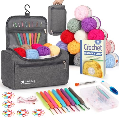 Reessy Crochet Kits for Beginners Adults, 88 PCS Crochet Kit include Instructions Crochet Hooks 15Pcs × 25g Yarn Storage Bag and Knitting Accessories, Complete Beginners Crochet Kit - Grey