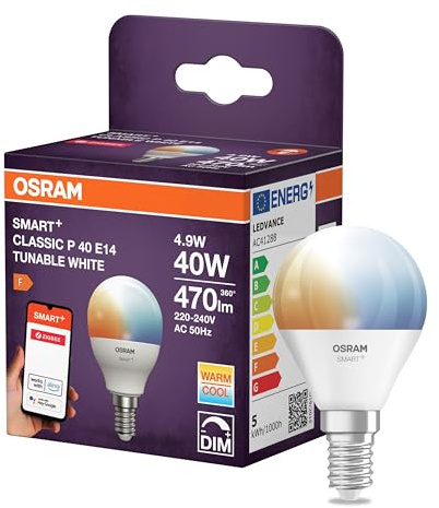Osram SMART LED Lampe P40 Miniballform E14, 4.9W ZigBee 3.0, Tunable White 2700-6500K, dimmbar, App Steuerung, Alexa