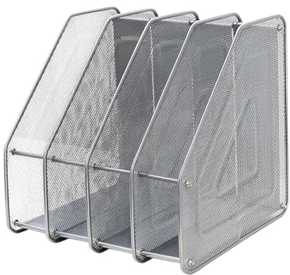 4 Fächer Zeitschriftensammler, Gitter Metall Schreibtisch Ordner Halter, Zeitschriftensammler Metall Buchstütze, Aufbewahrung Ordner, Schnellhefter, Organisator, für Schule Heimbüro Büro (Silber)