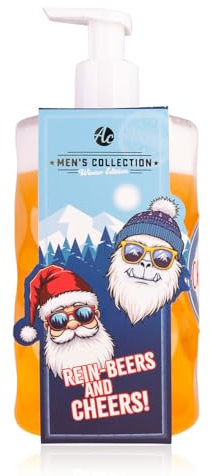 Distributeur de savon 2 en 1 Accentra avec savon pour les mains COLLECTION HOMME ÉDITION HIVER pour les mains et le corps - savon liquide et gel douche au design chope à bière, cadeau homme Noël