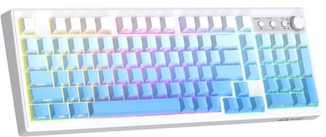 ZIYOU LANG K100 Tastiera Gaming Wireless, Tripla Modalità (BT/2.4G/Cavo) Tastiera a Membrana con Manopola, 102 Tasti PBT Gradiente, 4000mAh, RGB Backlit, Compatibile con PC/Mac e Altro-Blu ghiacciaio