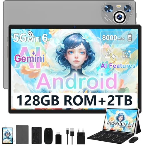 Dghrti 2026 Tablet Android, 22GB RAM+128GB ROM/TF 2TB, 8000mAh, 8-Core CPU, Control Parental, 3D Face ID, Widevine L1, WLAN 6, BT5.0, GPS, 5MP+8MP, Tablet con Funda Teclado+Ratón-Gris