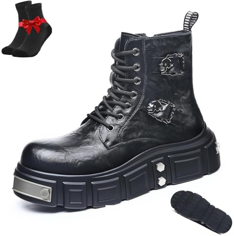 SYT-MD Botas De Tobillo Punk Góticas For Hombre, Botines Con Cordones, Botas De Trabajo De Cuero Con Plataforma Gruesa For Hombres Y Mujeres