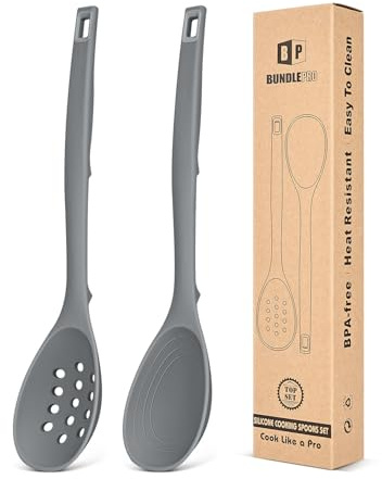 Pack of 2 Silicone Cooking Spoons, Non Stick Solid Kitchen Spoon with Measuring Marks & Back Hooks, Heat Resistant Silicone Slotted Spoon for Cooking, Mixing, Stirring,Serving (Gray)