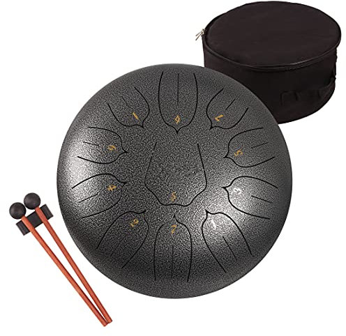 LOMUTY Stahlzungentrommel, 12 Zoll 30 cm Steel Tongue Drum, C-Dur 11 Noten, Handtrommel HandPan Drum mit Drumsticks,Musikbuch,Tragetasche und Fingerpicks(Sliver)