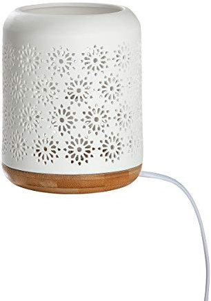 GILDE Porzellan Lampe Tischlampe Standlampe - Motiv: Blume - Farbe: weiss Sockel in Holz Optik - Höhe 17,5 cm