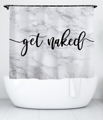 goodbath Marble Shower Curtain Short, Get Naked Waterproof Bathroom Curtains Anti Mould Fabric Bath Curtains, 180cm x 150cm drop, White Black