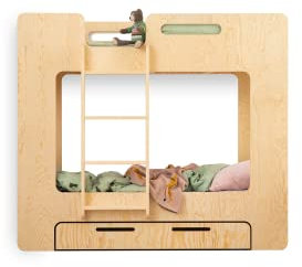 SMARTWOOD Kinderbett Mimi DL - Leiter Links Etagenbett 90x200 mit Lattenrost und Rausfallschutz - Kinderbett mit schubladen - Montessori Bett mit Rausfallschutz und Lattenrost - Naturalholz 90x200cm