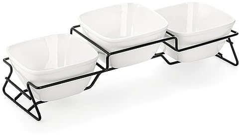 ZENFUN 10 oz Square Bowl Chip & Dip Serving Set, Pocelain Ramekin Bowls with Metal Rack Stand, White Small Serving Dishes, Condiment Serving Tray for Entertaining, Party, Buffets, Christmas