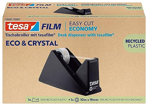 tesafilm eco & crystal Klebeband - transparenter Klebefilm aus wiederverwertetem PET-Material - reißfest, mit starker Klebkraft - Set mit robustem Tischabroller - 1 Rolle á 10 m x 19 mm