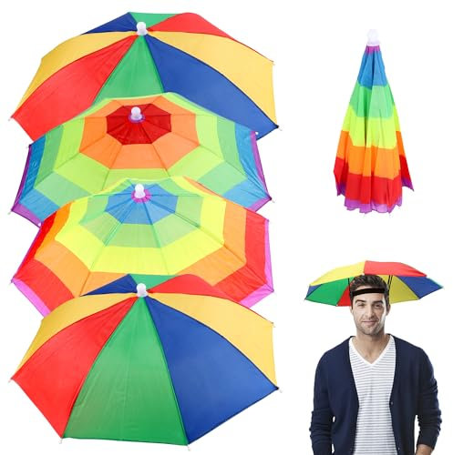 JSMTKJ 4 Stück Regenbogen Regenschirm Hüte, Faltbarer Regenschirmhut Sonnenschutz für Dekoration Kostüm Golf Radfahren Angeln Strand Gartenarbeit