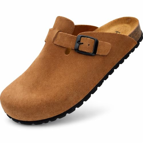 GONKOS®, Lederclogs mit Kork-Einlegesohle, Wildleder Clogs, echtes Leder, Naturkork, verstellbare Schnalle am Fuß, Herren-/Damensandalen, Qualitätssandalen, Farbe Muskat, Größe 39