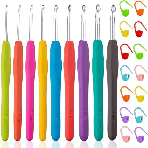 Crochet Hooks Set 9pcs Aluminum Knitting Needles Kit Ergonomic Soft Grip Rubber Handle Needles with 15 Knitting Crochet Locking Stitch Markers 2mm to 6mm
