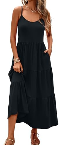 Halife Long Maxi Sun Dresses for Women Casual Spaghetti Strap Summer Beach Vacation Dresses Flowy Tiered Dress Black M