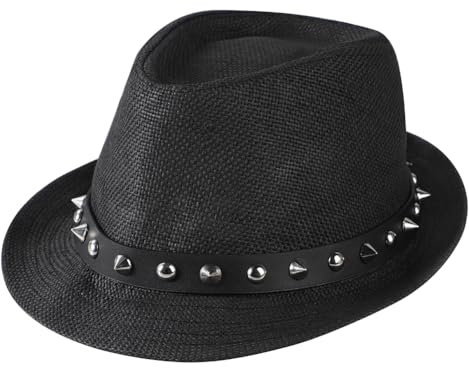 ITODA Strohhut Sommer Fedora Herren Damen Trilby Hut mit Nieten Strohmütze Sonnenschutz Mode Sonnenhut Faltbar Weich Melonenhut Breit Krempe Sonnenmütze für Unisex Outdoor Freizeit Strand Schwarz