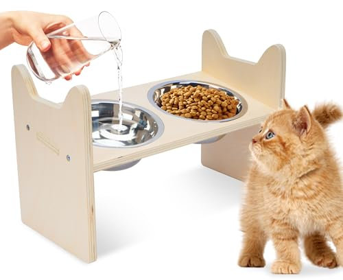 Nisorpa Katzennapf erhöht, Katzennapf 2-er Set, 10°geneigte Futterstation Katzen, Rahmen aus Massivholz, mit Futterschale aus Edelstahl - Fressnapf und Wassernapf für Katzen und kleine Hunde