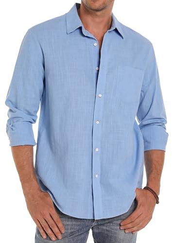 iClosam Camicia Lino Uomo Manica Lunga Elegante Estiva Camicia Uomo Casual con Bottoni Tinta Unita Traspirante